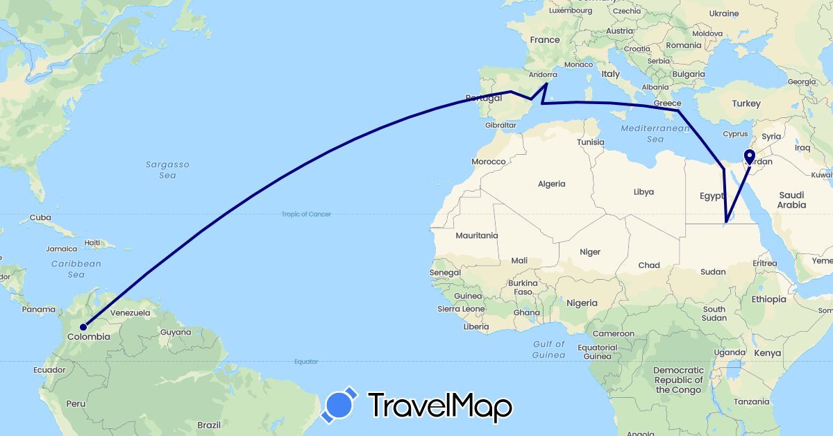 TravelMap itinerary: driving in Colombia, Egypt, Spain, Greece, Jordan (Africa, Asia, Europe, South America)